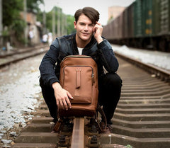 Black Fashion Mens Leather 15-inch Computer Barrel Backpack Brown Travel Bucket Backpacks School Backpacks for men - imessengerbags