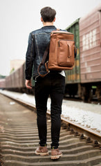 Black Fashion Mens Leather 15-inch Computer Barrel Backpack Brown Travel Bucket Backpacks School Backpacks for men - imessengerbags