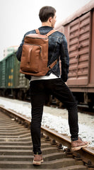 Black Fashion Mens Leather 15-inch Computer Barrel Backpack Brown Travel Bucket Backpacks School Backpacks for men - imessengerbags