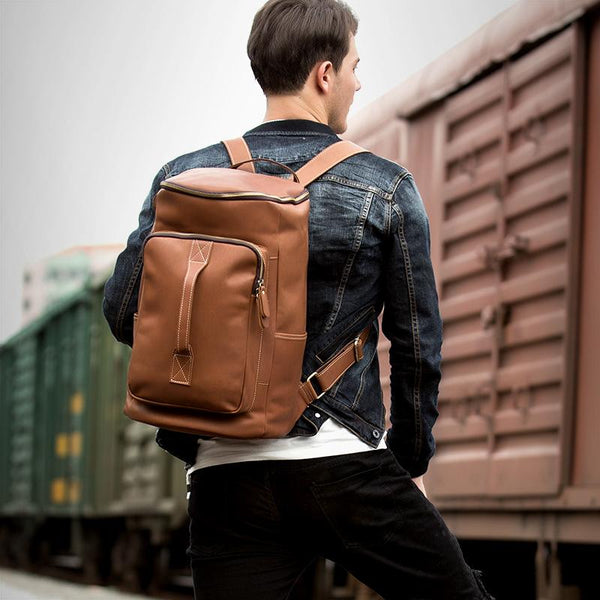 Black Fashion Mens Leather 15-inch Computer Barrel Backpack Brown Travel Bucket Backpacks School Backpacks for men - imessengerbags