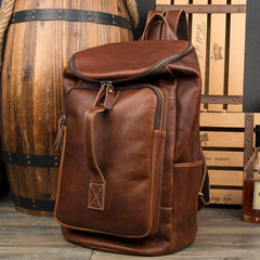 Black Fashion Mens Leather 15-inch Computer Barrel Backpack Brown Travel Bucket Backpacks School Backpacks for men - imessengerbags