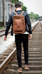 Black Fashion Mens Leather 15-inch Computer Barrel Backpack Brown Travel Bucket Backpacks School Backpacks for men - imessengerbags