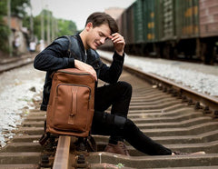 Black Fashion Mens Leather 15-inch Computer Barrel Backpack Brown Travel Bucket Backpacks School Backpacks for men - imessengerbags