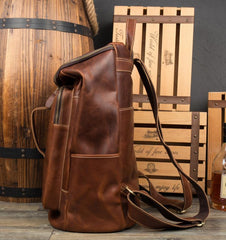 Black Fashion Mens Leather 15-inch Computer Barrel Backpack Brown Travel Bucket Backpacks School Backpacks for men - imessengerbags