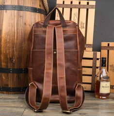 Black Fashion Mens Leather 15-inch Computer Barrel Backpack Brown Travel Bucket Backpacks School Backpacks for men - imessengerbags