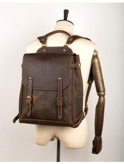 Black Fashion Mens Leather 15-inch Computer Backpack Brown Satchel Backpack School Backpacks for men - imessengerbags