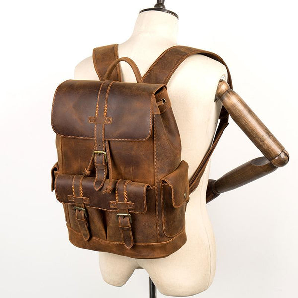 Vintage Brown Fashion Mens Leather 15-inch Computer Backpacks Brown Travel Backpacks School Backpacks for men