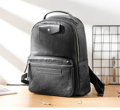 Black Fashion Mens Leather 15-inch Computer Backpacks Travel Backpacks Black College Backpack for men - imessengerbags