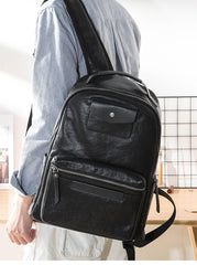 Black Fashion Mens Leather 15-inch Computer Backpacks Travel Backpacks Black College Backpack for men - imessengerbags