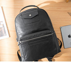 Black Fashion Mens Leather 15-inch Computer Backpacks Travel Backpacks Black College Backpack for men - imessengerbags