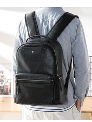 Black Fashion Mens Leather 15-inch Computer Backpacks Travel Backpacks Black College Backpack for men - imessengerbags
