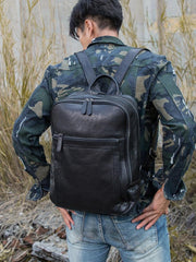 Black Fashion Mens Leather 15-inch Large Business Computer Backpacks Travel Backpacks Black College Backpack for men - imessengerbags