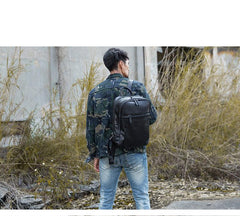 Black Fashion Mens Leather 15-inch Large Business Computer Backpacks Travel Backpacks Black College Backpack for men - imessengerbags