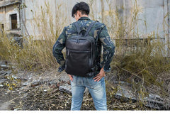 Black Fashion Mens Leather 15-inch Large Business Computer Backpacks Travel Backpacks Black College Backpack for men - imessengerbags