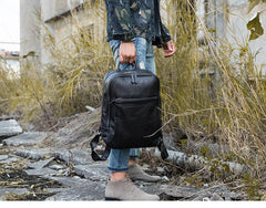 Black Fashion Mens Leather 15-inch Large Business Computer Backpacks Travel Backpacks Black College Backpack for men - imessengerbags
