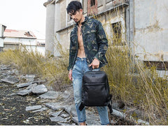 Black Fashion Mens Leather 15-inch Large Business Computer Backpacks Travel Backpacks Black College Backpack for men - imessengerbags