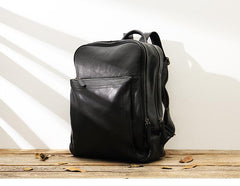Black Fashion Mens Leather 15-inch Large Business Computer Backpacks Travel Backpacks Black College Backpack for men - imessengerbags