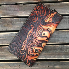 Black Handmade Buddha Leather Long Wallet Zipper Wallet Clutch Wallet For Men - imessengerbags