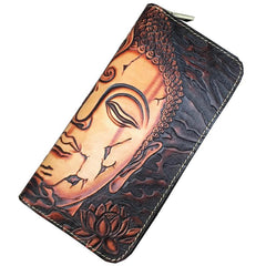 Black Handmade Buddha Leather Long Wallet Zipper Wallet Clutch Wallet For Men - imessengerbags
