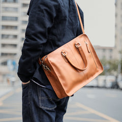 Vintage Black Mens Leather Briefcase Work Handbag Brown 14'' Computer Briefcase For Men - imessengerbags