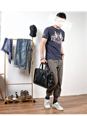 Vintage Black Mens Leather Briefcase Work Handbag Brown 14'' Computer Briefcase For Men - imessengerbags