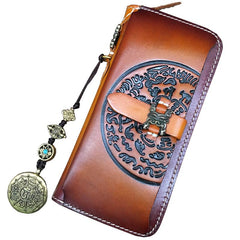 Brown Handmade Tibet Tooled Leather Long Biker Wallet Black Chain Wallet Clutch Wallet For Men - imessengerbags