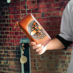 Brown Handmade Tibet Tooled Leather Long Biker Wallet Black Chain Wallet Clutch Wallet For Men - imessengerbags