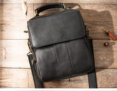 Black Leather Mens Vertical Small Briefcase Work Handbag Side Bag Business Shoulder Bag for Men - imessengerbags