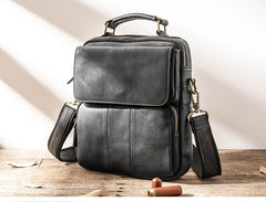 Black Leather Mens Vertical Small Briefcase Work Handbag Side Bag Business Shoulder Bag for Men - imessengerbags