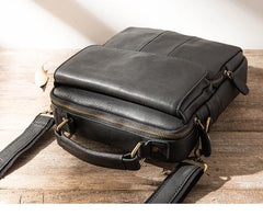 Black Leather Mens Vertical Small Briefcase Work Handbag Side Bag Business Shoulder Bag for Men - imessengerbags