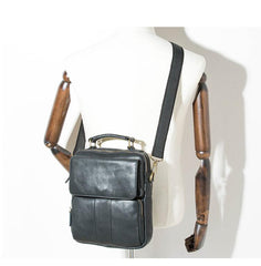Black Leather Mens Vertical Small Briefcase Work Handbag Side Bag Business Shoulder Bag for Men - imessengerbags