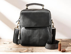 Black Leather Mens Vertical Small Briefcase Work Handbag Side Bag Business Shoulder Bag for Men - imessengerbags