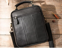 Black Leather Mens Vertical Small Briefcase Work Handbag Side Bag Business Shoulder Bag for Men - imessengerbags