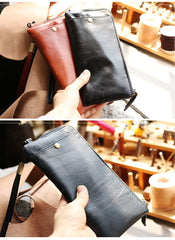 Black Leather Mens Long Wallet Zipper Clutch Wallet Brown Wristlet Long Wallet For Men - imessengerbags