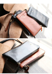 Black Leather Mens Long Wallet Zipper Clutch Wallet Brown Wristlet Long Wallet For Men - imessengerbags