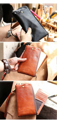 Black Leather Mens Long Wallet Zipper Clutch Wallet Brown Wristlet Long Wallet For Men - imessengerbags