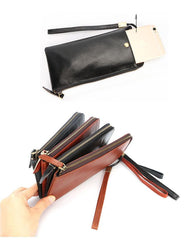 Black Leather Mens Long Wallet Zipper Clutch Wallet Brown Wristlet Long Wallet For Men - imessengerbags