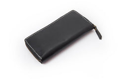 Black Handmade Leather Mens Long Wallet Bifold Zipper Clutch Wallet CellPhone Wallet For Men - imessengerbags