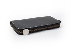 Black Handmade Leather Mens Long Wallet Bifold Zipper Clutch Wallet CellPhone Wallet For Men - imessengerbags