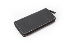 Black Handmade Leather Mens Long Wallet Bifold Zipper Clutch Wallet CellPhone Wallet For Men - imessengerbags