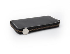Black Handmade Leather Mens Long Wallet Bifold Zipper Clutch Wallet CellPhone Wallet For Men - imessengerbags