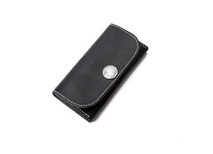 Black Handmade Leather Mens Long Wallet Bifold Card Wallets Buckle Wallet For Men - imessengerbags