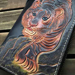 Black Handmade Tooled Tiger Leather Long Biker Wallet Chain Wallet Clutch Wallet For Men - imessengerbags