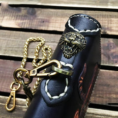 Black Handmade Tooled Tiger Leather Long Biker Wallet Chain Wallet Clutch Wallet For Men - imessengerbags