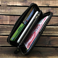 Black Handmade Tooled Tiger Leather Long Biker Wallet Chain Wallet Clutch Wallet For Men - imessengerbags