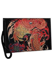 Black Handmade Tooled Leather Chinese Dragon Clutch Wallets Wristlet Bag Clutch Purse For Men - imessengerbags