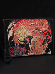 Black Handmade Tooled Leather Chinese Dragon Clutch Wallets Wristlet Bag Clutch Purse For Men - imessengerbags