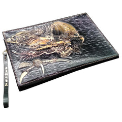 Black Handmade Tooled Leather Chinese Dragon Clutch Wallets Wristlet Bag Clutch Purse For Men