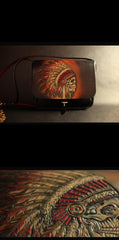 Handmade Black Tooled Indian Chief Skull Leather Courier Bag Messenger Bag For Men