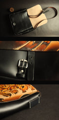 Handmade Black Tooled Chinese Lion Leather Courier Bag Messenger Bag For Men - imessengerbags